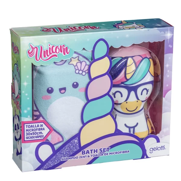 Estuche shampoo,acondicionador unicornio 2 en 1 +toalla microfibra 30 x 50 cm ( gelatti)  .... venta x una unidad