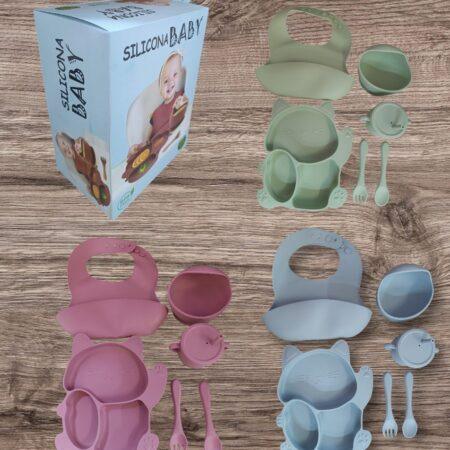 Pack silicona gato (plomo y verde claro) contiene (1 plato,2 cubiertos,1 vaso,1 plato de sopa..........venta x una unidad