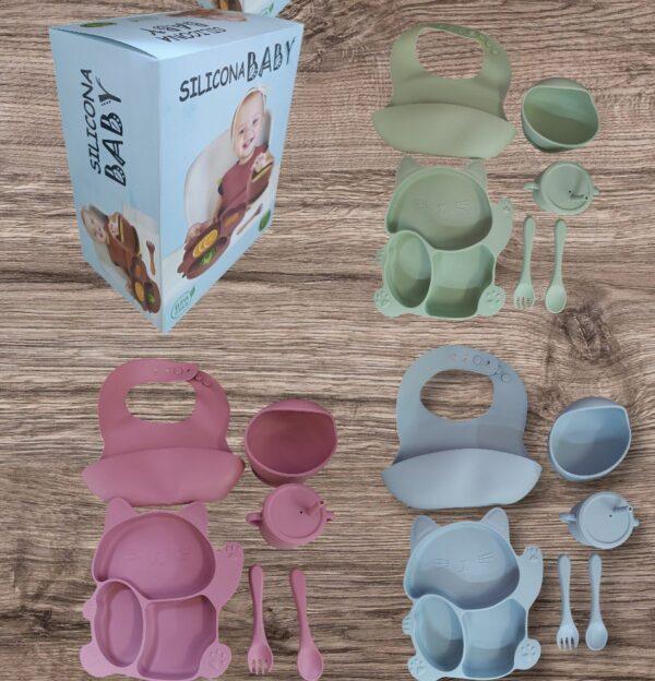 Pack silicona gato (plomo y verde claro) contiene (1 plato,2 cubiertos,1 vaso,1 plato de sopa..........venta x una unidad