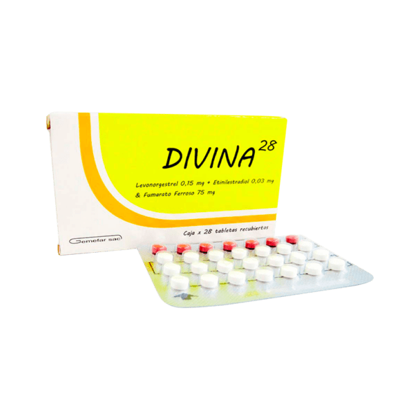 Divina 28 (levonorgestrel 0.15 mg +etinilestradiol 0.03 mg &fumarato ferroso 75 mg)..........venta x una unidad