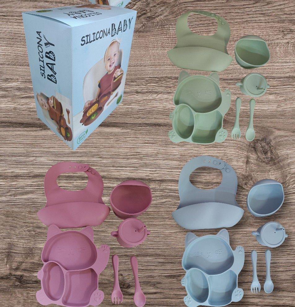 Pack silicona gato (plomo y verde claro) contiene (1 plato,2 cubiertos,1 vaso,1 plato de sopa..........venta x una unidad: imagen 1