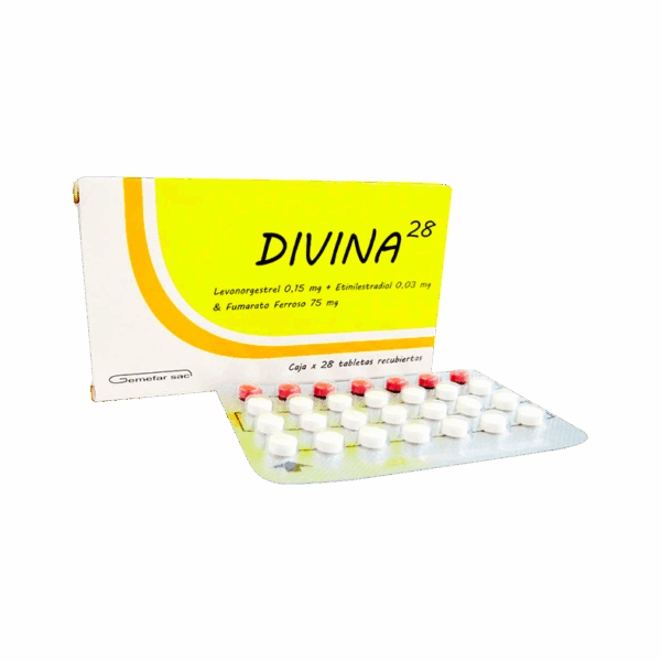 Divina 28 (levonorgestrel 0.15 mg +etinilestradiol 0.03 mg &fumarato ferroso 75 mg)..........venta x una unidad