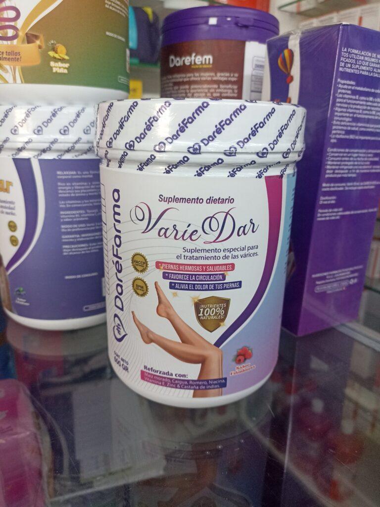 Varie Dar  Suplemento dietario especial para el tratamiento de las varices  600gr.  maiz morado, caigua, romero, niacina, vitamina E, citrato de zinc , castaña de indias , sucralosa   sabor frambuesa.
