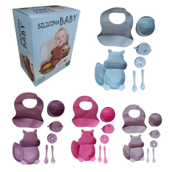 pack de silicona ardilla (un plato,dos cubiertos,un vaso,una plato de sopa (morado,lila,ladrillo)......venta x una unidad