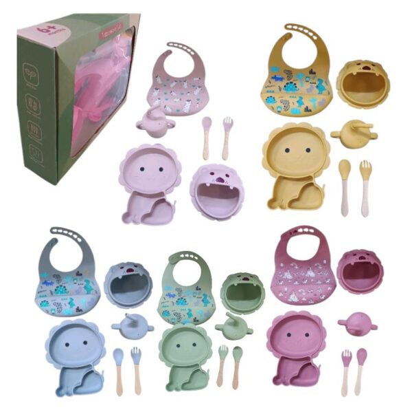 Pack de silicona leon incluye (plato de sopa,plato de segundo,dos cubiertos,vaso,babero)......venta x una unidad