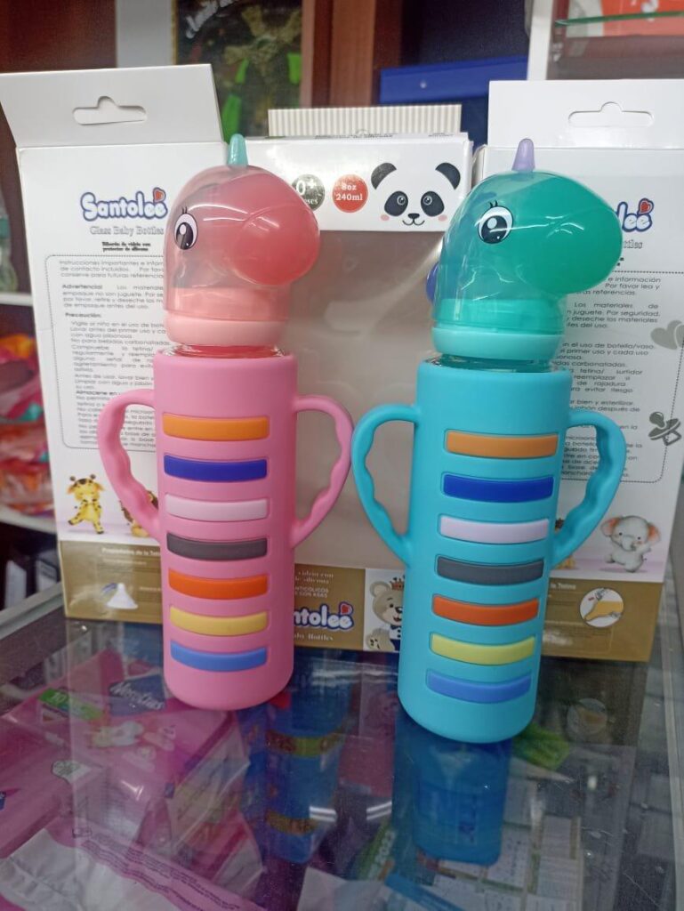 Biberon De Vidrio Santolee Con Protector De Silicona Unicornio Anticolicos Antiderrame Con Asas...venta X 1unidad