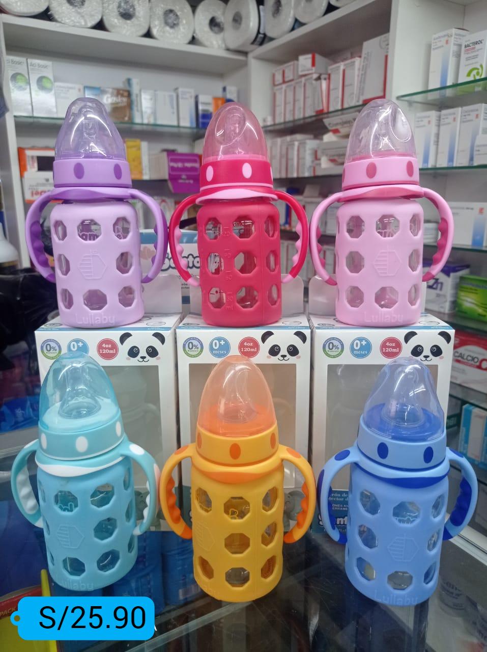 Biberón Santolee De Vidrio Con Protector 4 Onzas(rosado, Amarillo ,rojo,azul,tuqueza Y Mosado),...venta X 1unidad: imagen 1