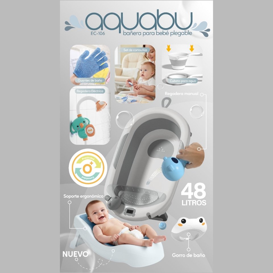Bañera para bebe Aquabun kit completo  regadera electrica gorro de baño regadera manual cubeta para agua guante de baño 48 litros ( tina )... venta por unidad